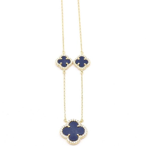 New RACHEL ZOE 18K Gold Silver Blue Stone Three Clover Cubic Zirconia Necklace - Picture 4 of 10